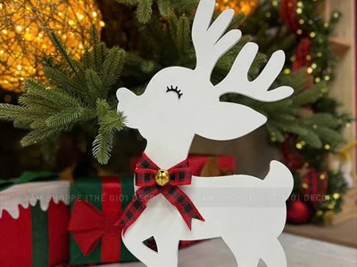 Mô hình tuần lộc trắng đeo nơ lục lạc [Bằng gỗ] TCV-TLOC-06